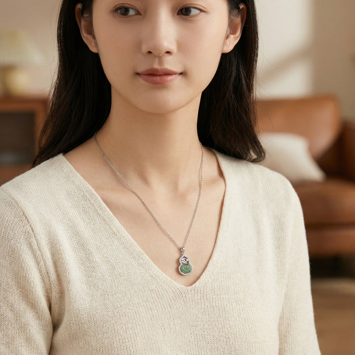 925 Sterling Silver Gourd Necklace – Green Jade Pendant with Sparkling Gemstones