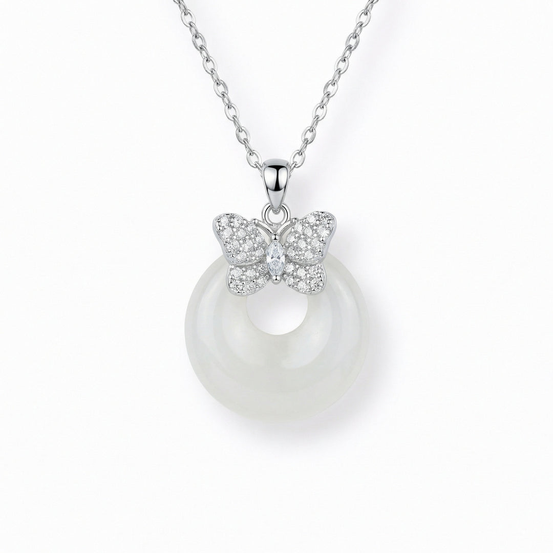925 Sterling Silver Elegant Butterfly & White Jade Donut Pendant Necklace