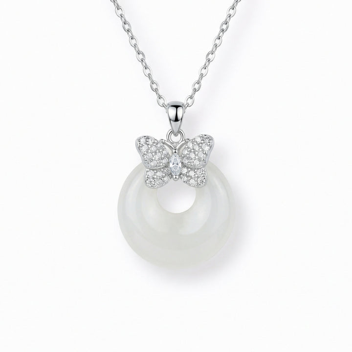 925 Sterling Silver Elegant Butterfly & White Jade Donut Pendant Necklace