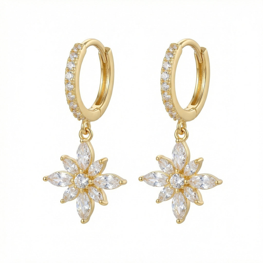✨ 925 Sterling Silver Floral Drop Huggie Hoop Earrings with Marquise & Brilliant-Cut Stones ✨