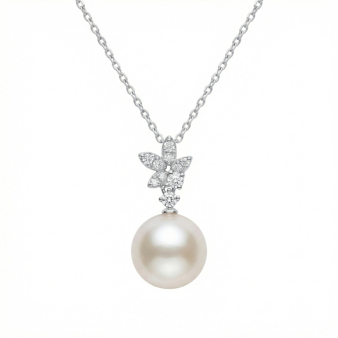 🍃 925 Sterling Silver Elegant White Pearl & Diamond Leaf Motif Pendant Necklace 🍃