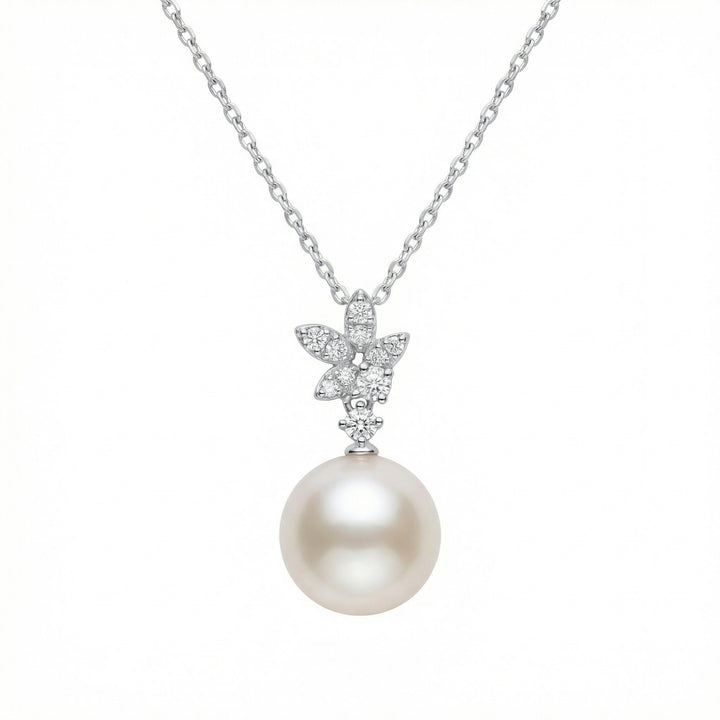 🍃 925 Sterling Silver Elegant White Pearl & Diamond Leaf Motif Pendant Necklace 🍃