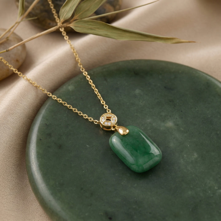 💎 Green Jadeite & Diamond Sterling Silver Pendant Necklace