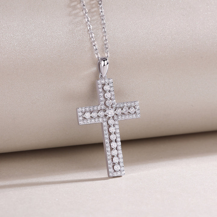 💎 Minimalist Cross Pendant Necklace – Platinum-Plated S925 Silver with Moissanite (3.4g) 💎