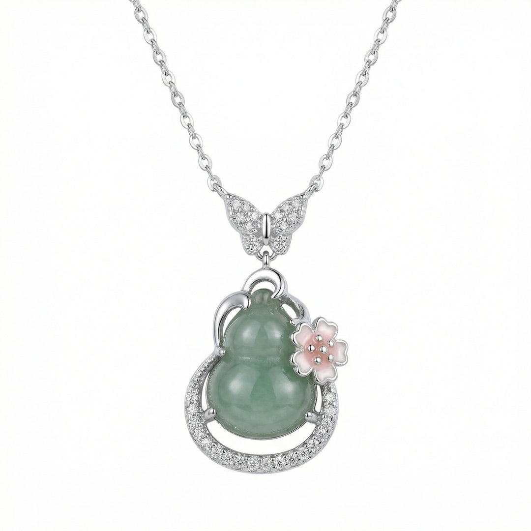 925 Sterling Silver Green Jade Gourd Necklace – Butterfly Bail & Pink Blossom Pendant