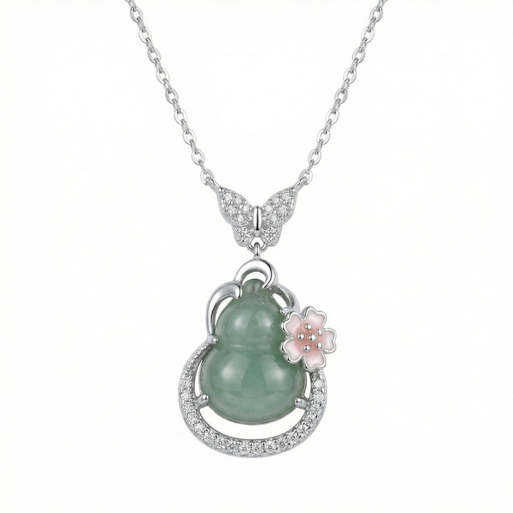925 Sterling Silver Green Jade Gourd Necklace – Butterfly Bail & Pink Blossom Pendant