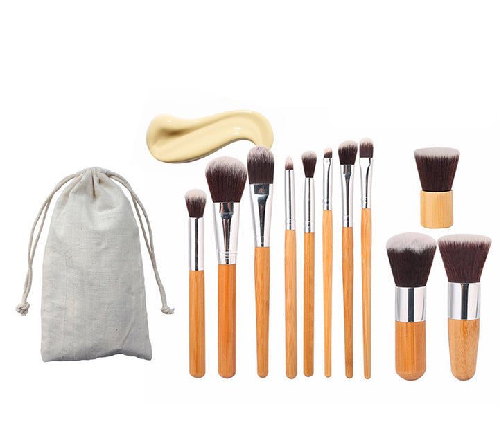 ✨ 11-Piece Bamboo Handle Makeup Brush Set — Linen Bag Beauty Tools 💄🌿