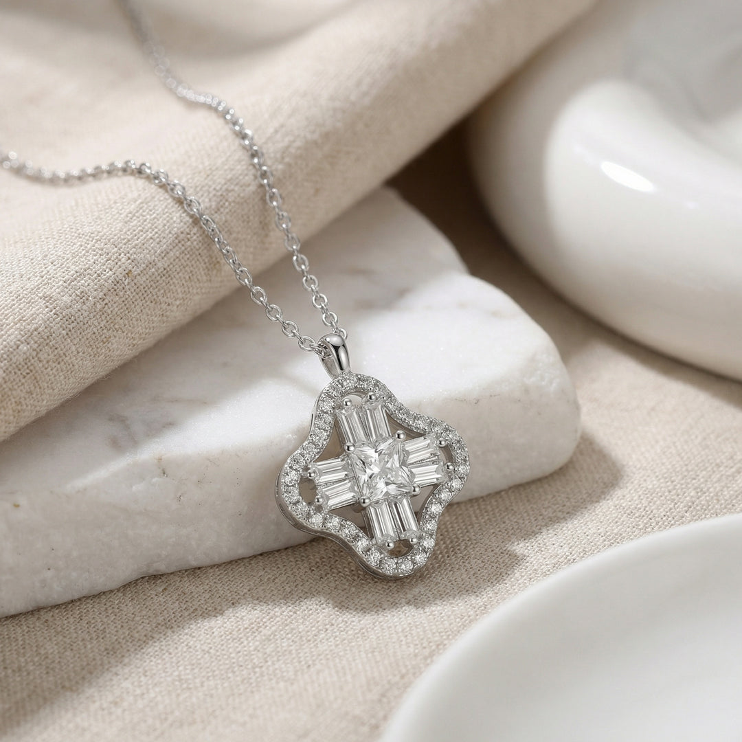 ✨ 925 Sterling Silver Elegant Diamond Pendant Necklace with Square & Baguette Accents ✨
