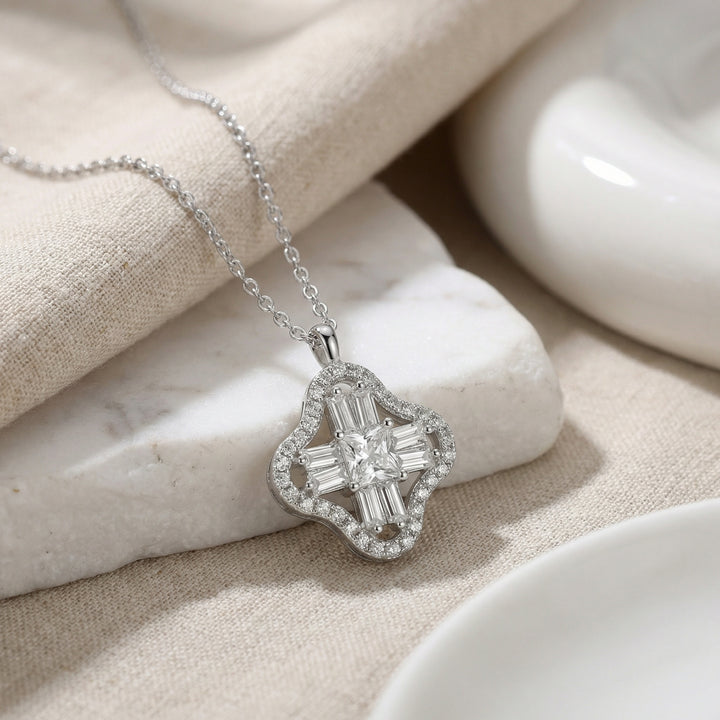 ✨ 925 Sterling Silver Elegant Diamond Pendant Necklace with Square & Baguette Accents ✨