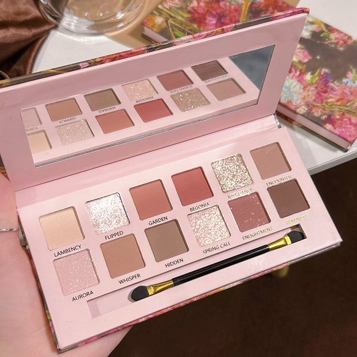 🎨 12-Color Begonia Oil Painting Eyeshadow Palette – Rose Tone Matte & Glitter Makeup Set ✨
