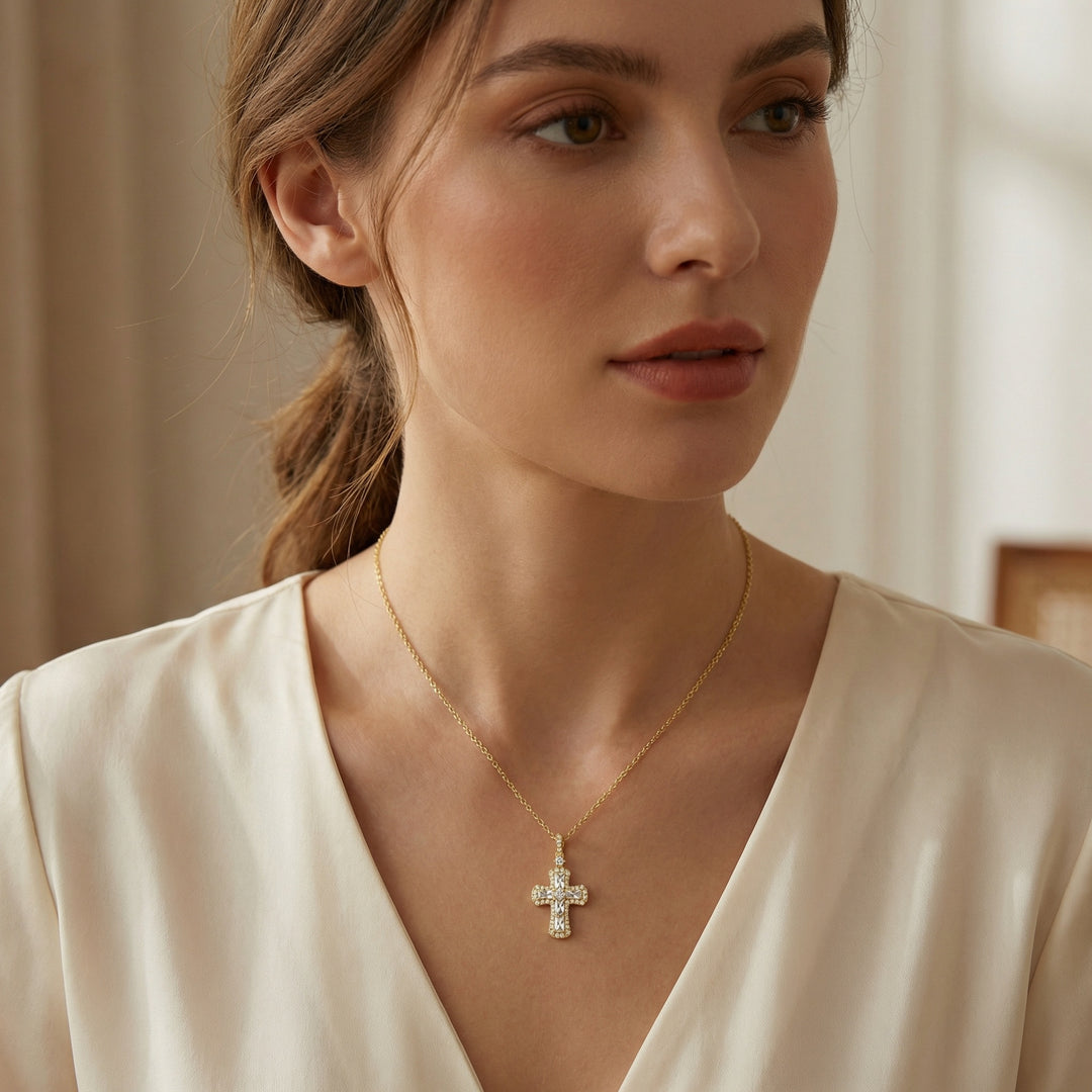 ✨ 925 Sterling Silver Baguette and Round Cut Cross Pendant Necklace in Radiant Finish