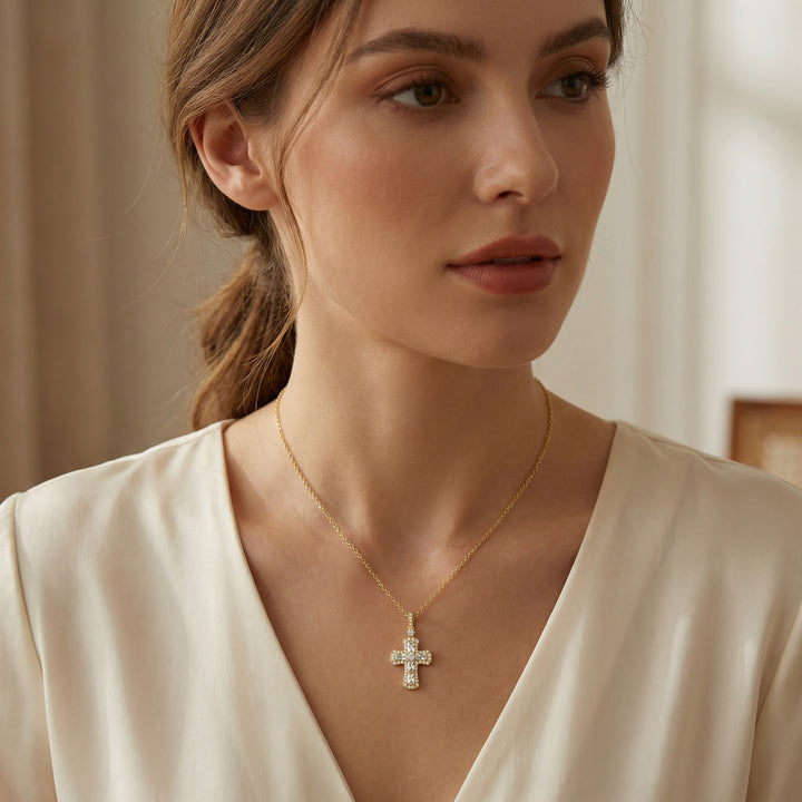 ✨ 925 Sterling Silver Baguette and Round Cut Cross Pendant Necklace in Radiant Finish