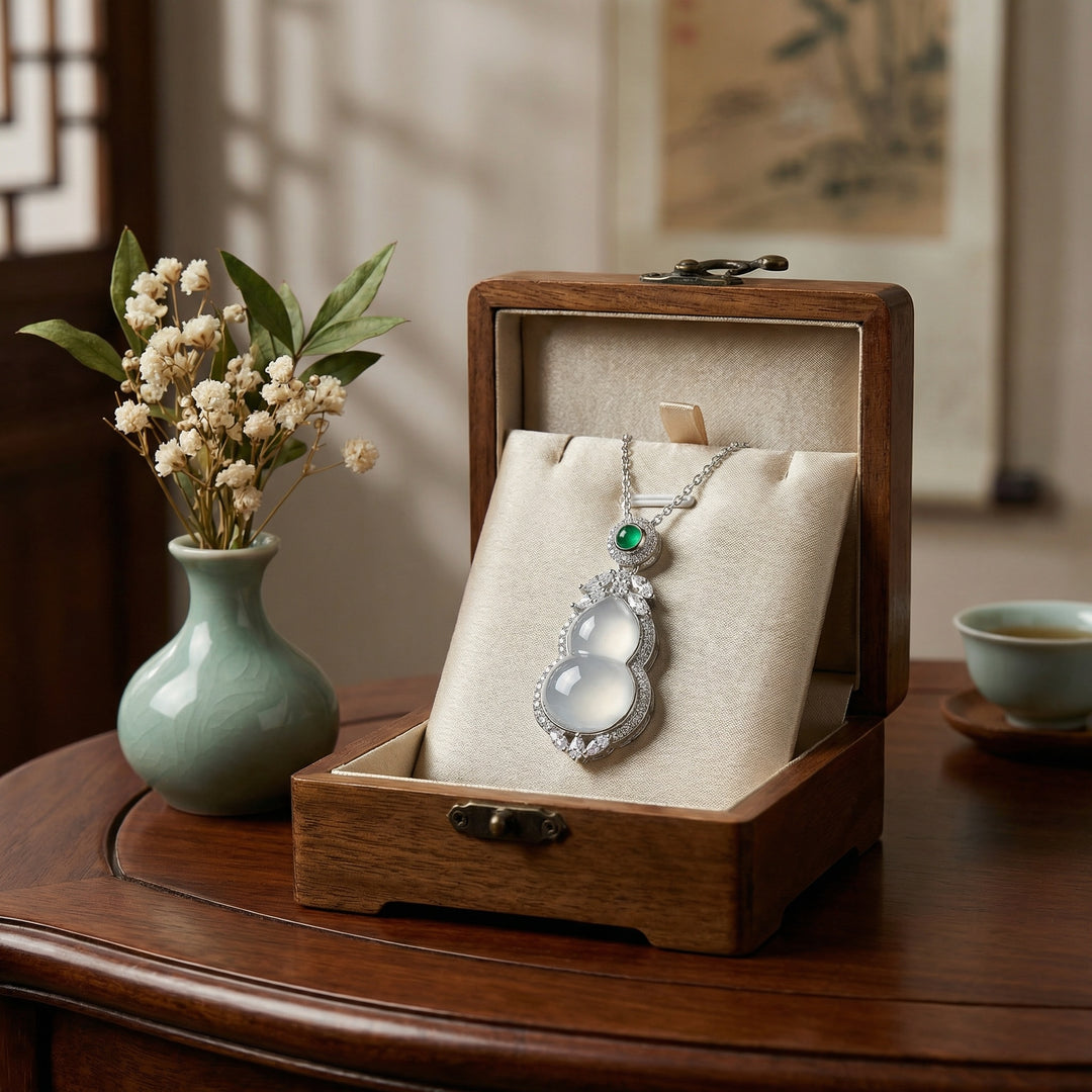 925 Sterling Silver Elegant White Jadeite Wulu Pendant Necklace with Emerald Accent and Diamond Halo
