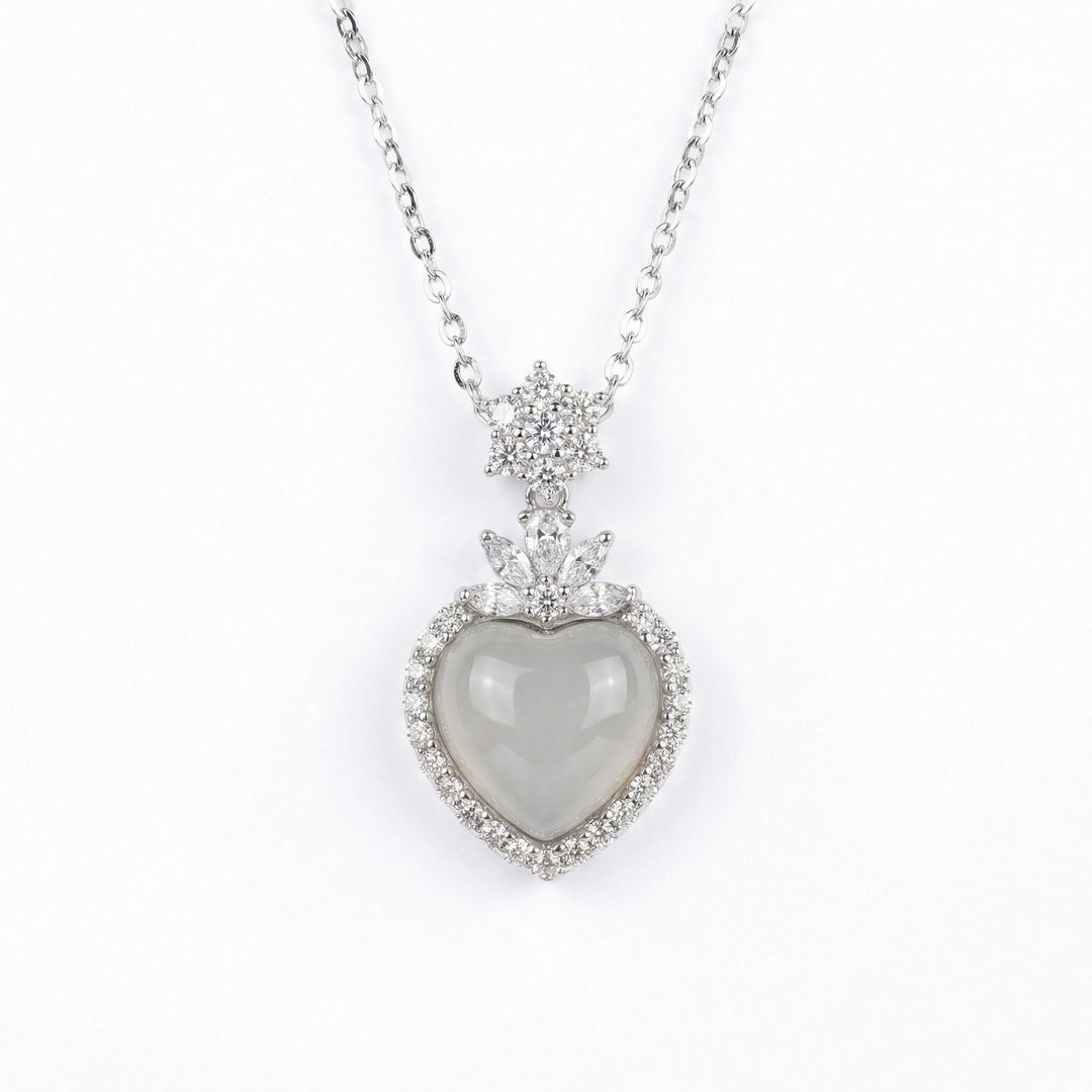 925 Sterling Silver Heart Moonstone Necklace – Floral & Snowflake Halo Pendant