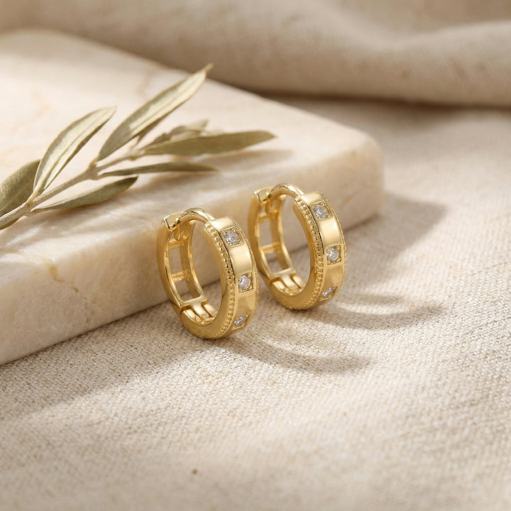 ✨ 925 Sterling Silver Huggie Hoop Earrings with Sparkling Accents & Milgrain Detailing ✨
