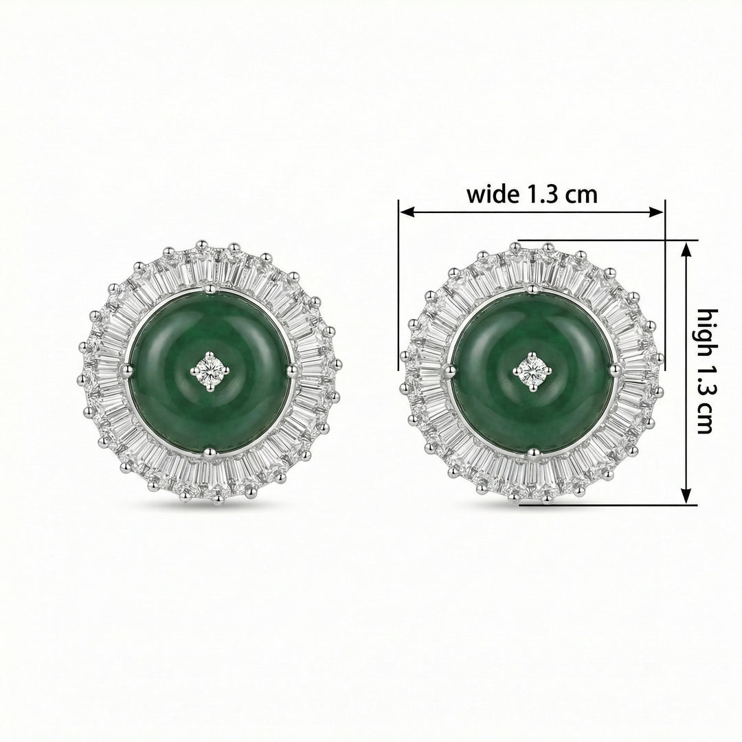 925 Sterling Silver Circular Green Jade Halo Stud Earrings with Baguette Diamonds
