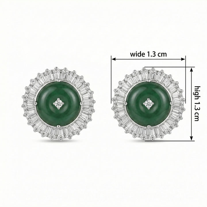 925 Sterling Silver Circular Green Jade Halo Stud Earrings with Baguette Diamonds