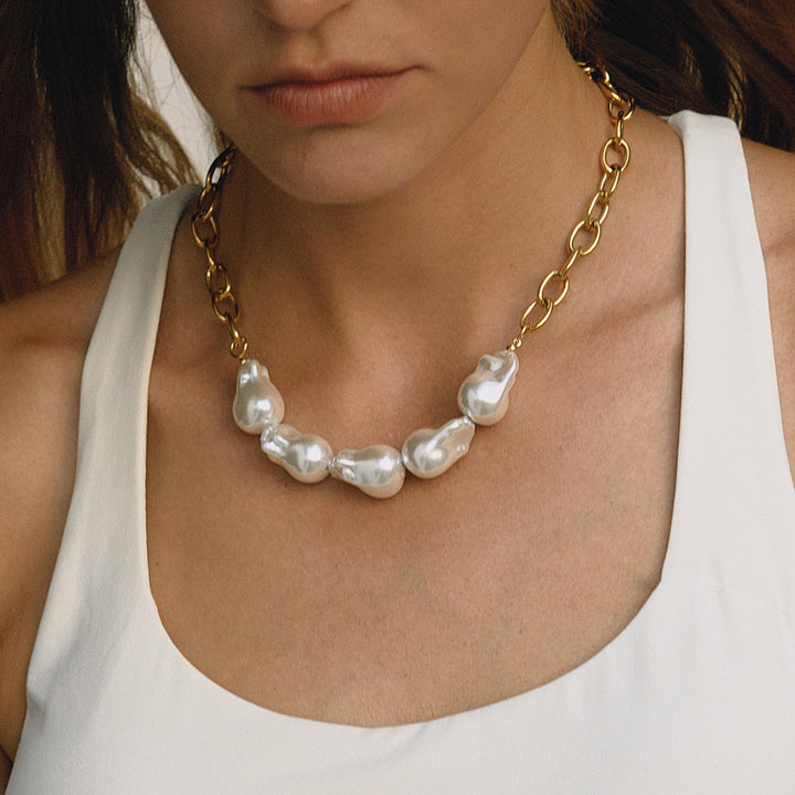 Elegant 18K Gold Stainless Steel Baroque Pearl Necklace – Chanel-Inspired Geometric Jewelry for Women