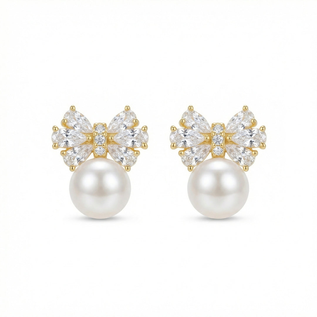 ✨ 925 Sterling Silver Elegant Bow Pearl Stud Earrings with Crystal Accents ✨