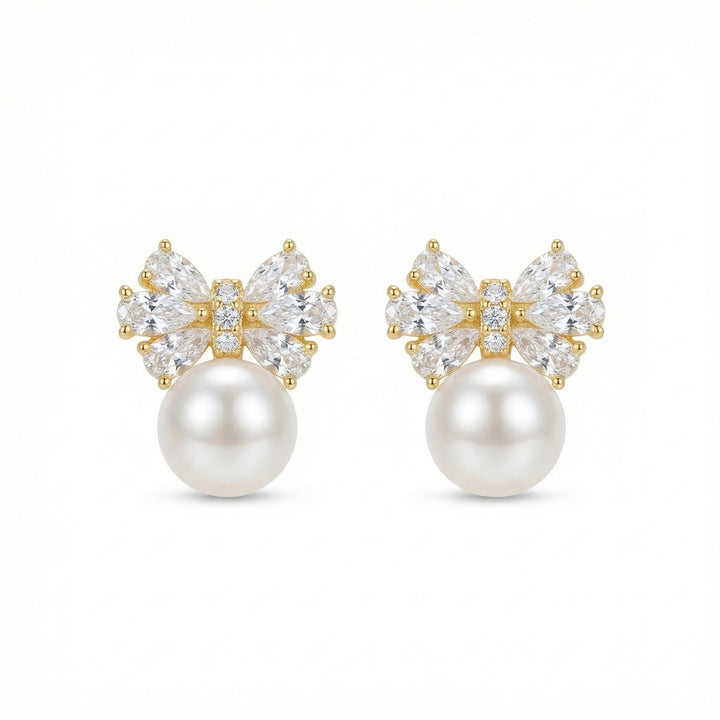 ✨ 925 Sterling Silver Elegant Bow Pearl Stud Earrings with Crystal Accents ✨
