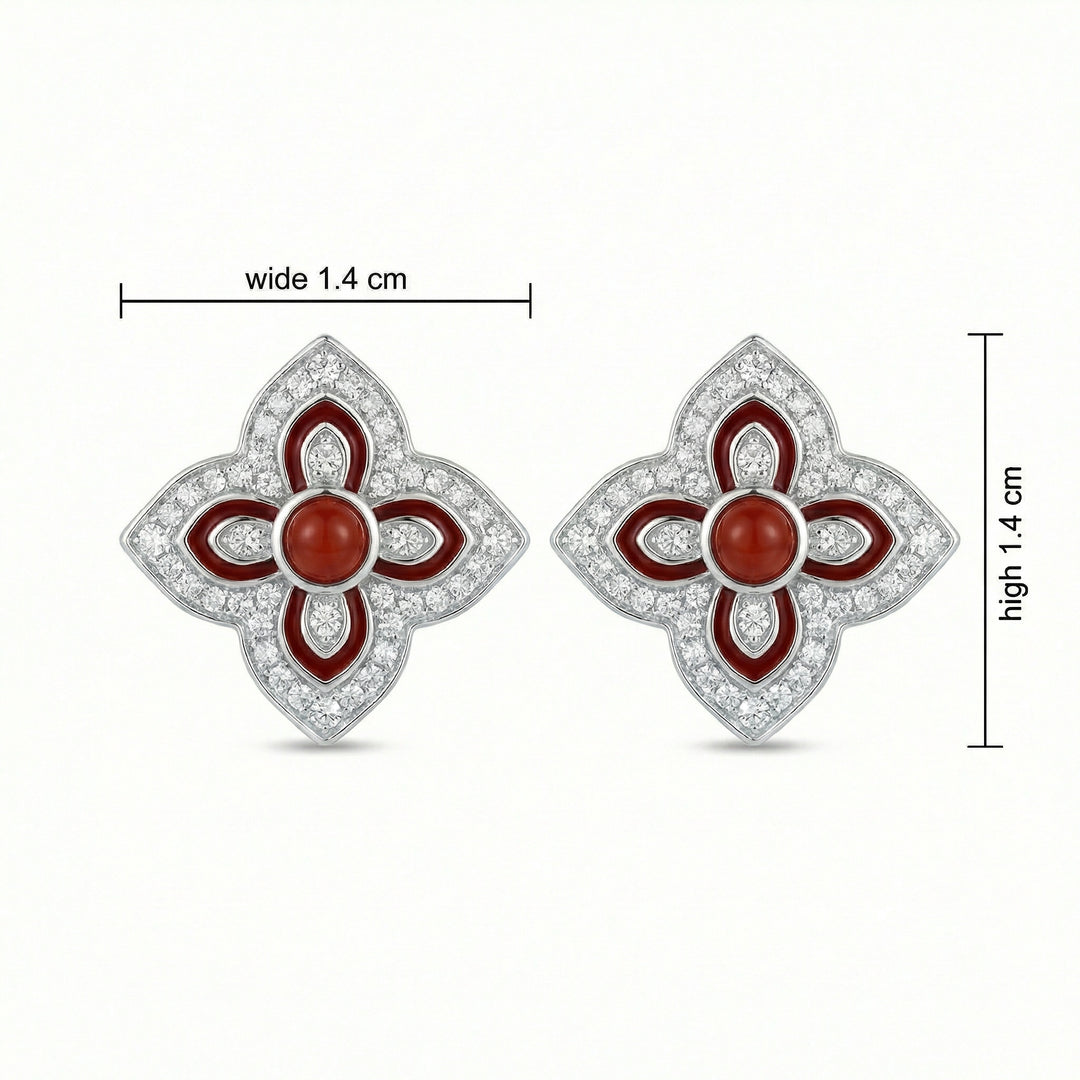 ✨ 925 Sterling Silver Red Carnelian & Diamond Floral Quatrefoil Stud Earrings ✨