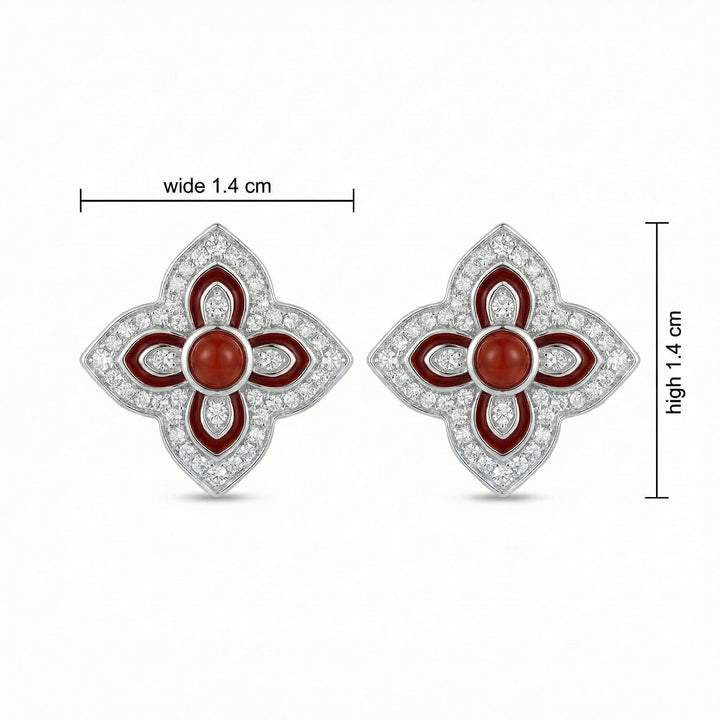 ✨ 925 Sterling Silver Red Carnelian & Diamond Floral Quatrefoil Stud Earrings ✨