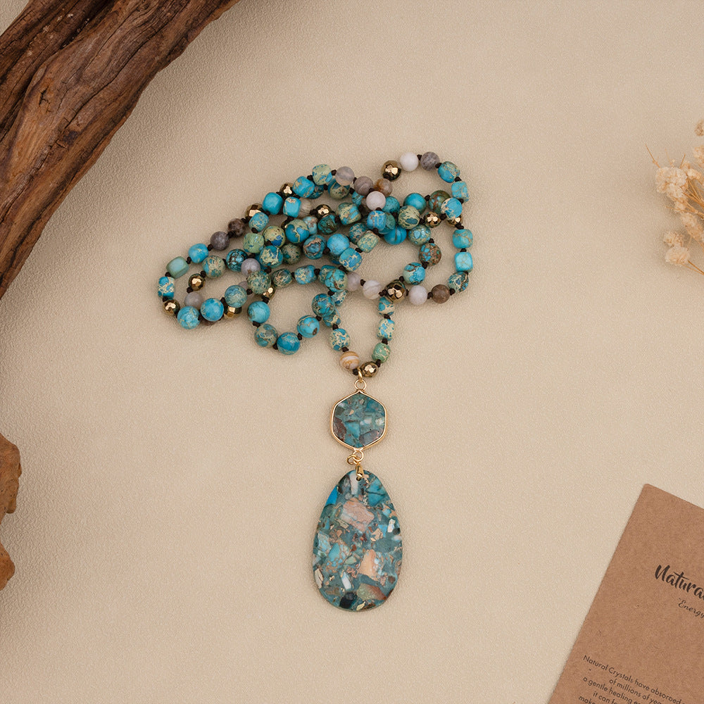 Bohemian Natural Stone Blue Teardrop Knotted Necklace – Handmade Turquoise Jewelry