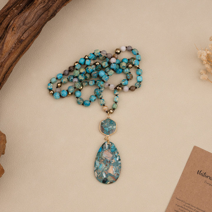 Bohemian Natural Stone Blue Teardrop Knotted Necklace – Handmade Turquoise Jewelry