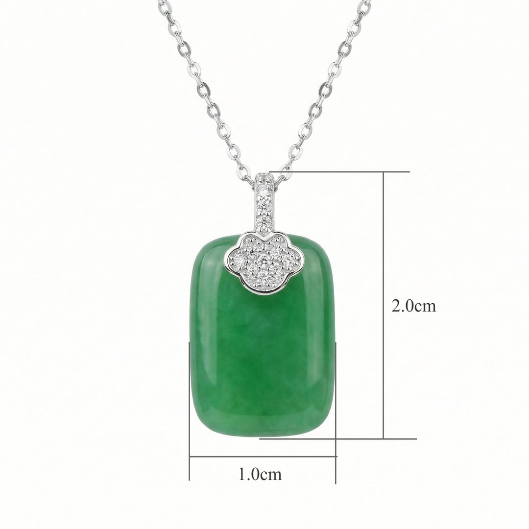 925 Sterling Silver Elegant Green Jadeite Rectangle Pendant Necklace with Sparkling Diamond Accents