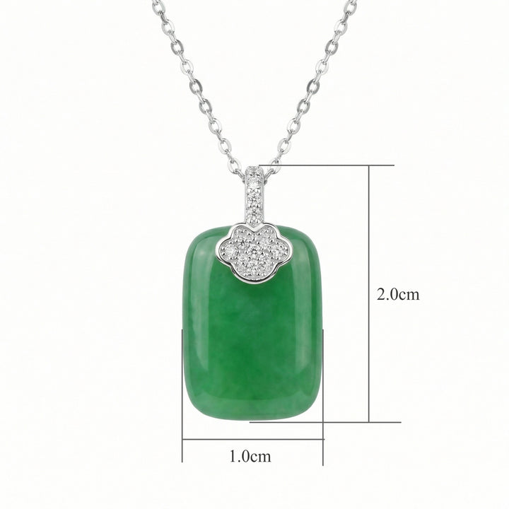 925 Sterling Silver Elegant Green Jadeite Rectangle Pendant Necklace with Sparkling Diamond Accents
