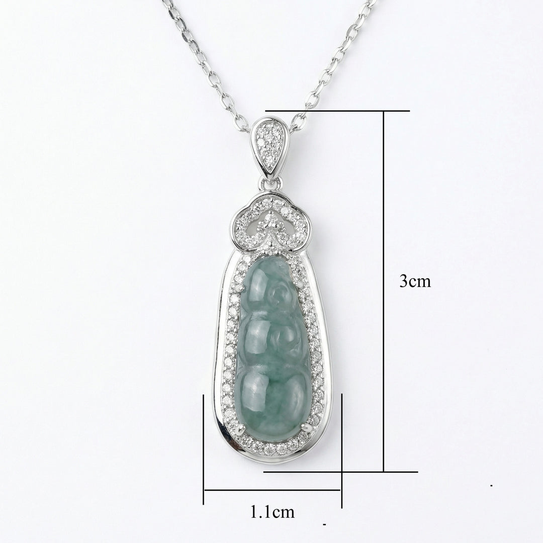 925 Sterling Silver Elegant Green Jadeite Ruyi Pendant Necklace with Diamond Accents and Silver-Tone Chain