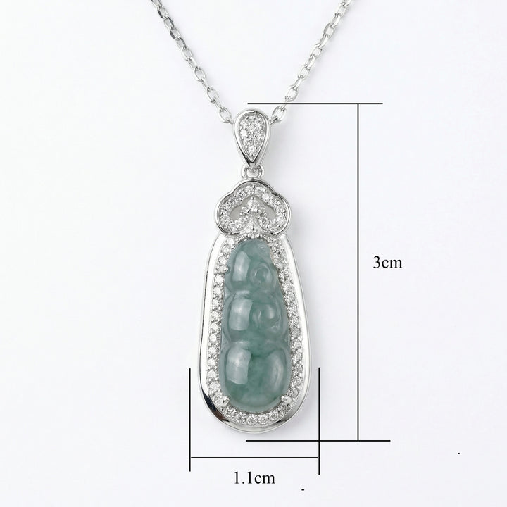925 Sterling Silver Elegant Green Jadeite Ruyi Pendant Necklace with Diamond Accents and Silver-Tone Chain