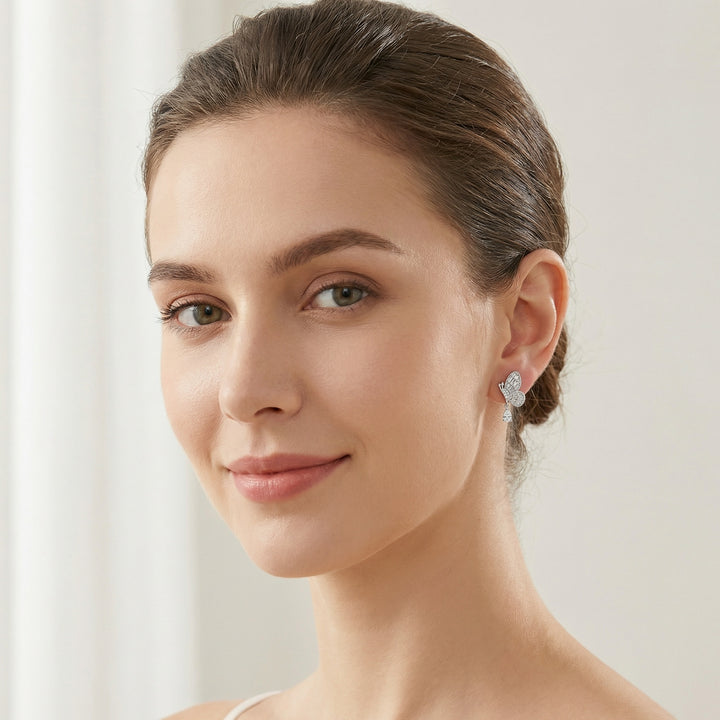 ✨ 925 Sterling Silver Sparkling Butterfly Drop Earrings with Baguette & Pear-Cut Crystals ✨