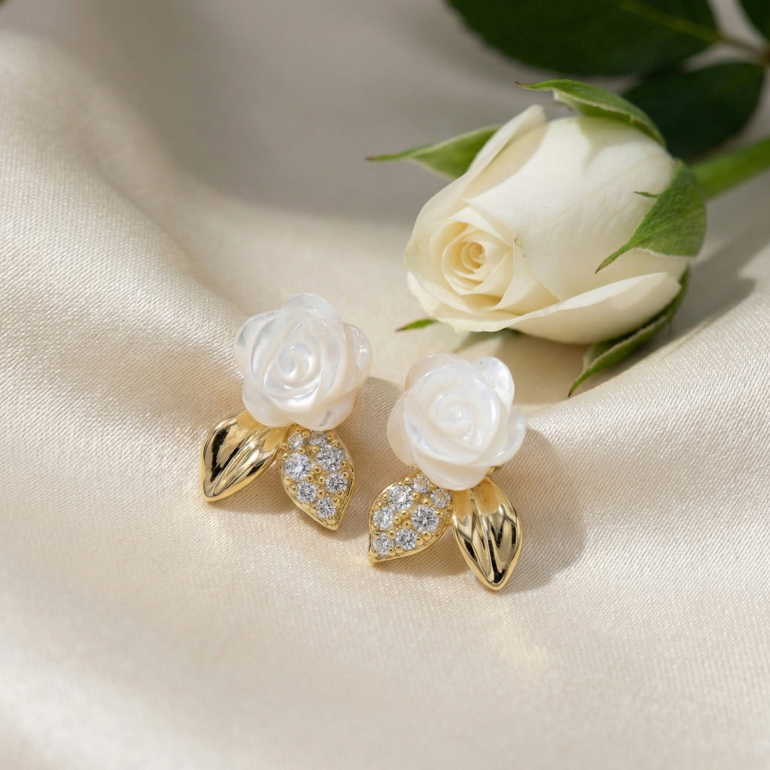 ✨ 925 Sterling Silver Mother-of-Pearl Rose Stud Earrings with CZ & Polished Leaf Accents ✨