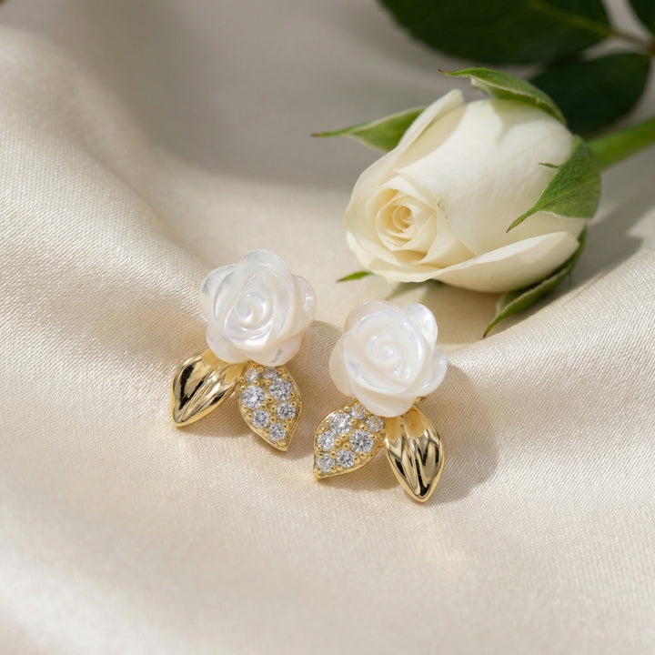 ✨ 925 Sterling Silver Mother-of-Pearl Rose Stud Earrings with CZ & Polished Leaf Accents ✨