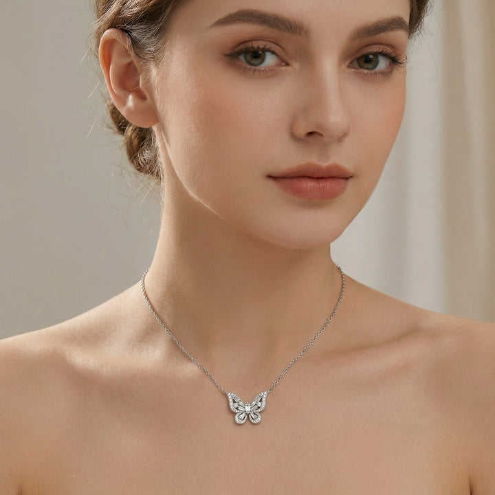 925 Sterling Silver Butterfly Pendant Necklace with Round and Baguette-Cut Sparkling Stones