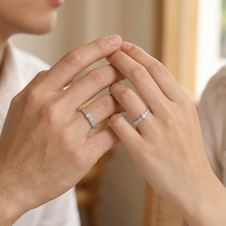 925 Sterling Silver Elegant Adjustable Couple Rings with Braided Texture & Clover Charms