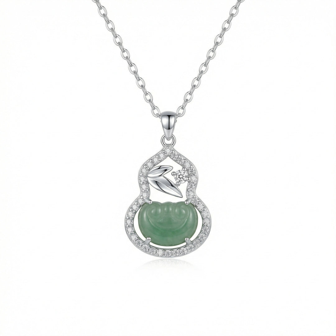 925 Sterling Silver Gourd Necklace – Green Jade Pendant with Sparkling Gemstones