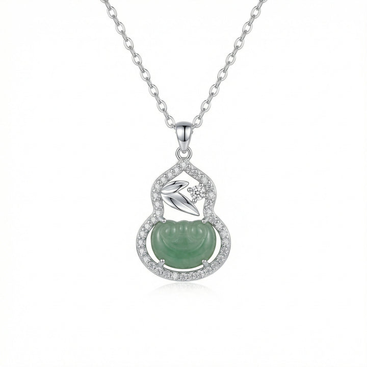 925 Sterling Silver Gourd Necklace – Green Jade Pendant with Sparkling Gemstones