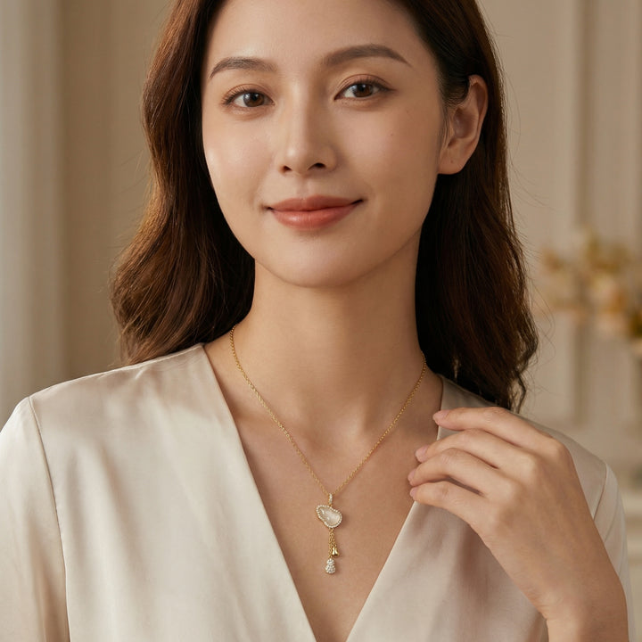 ✨ 925 Sterling Silver Jade Calabash Necklace with Diamond Accents