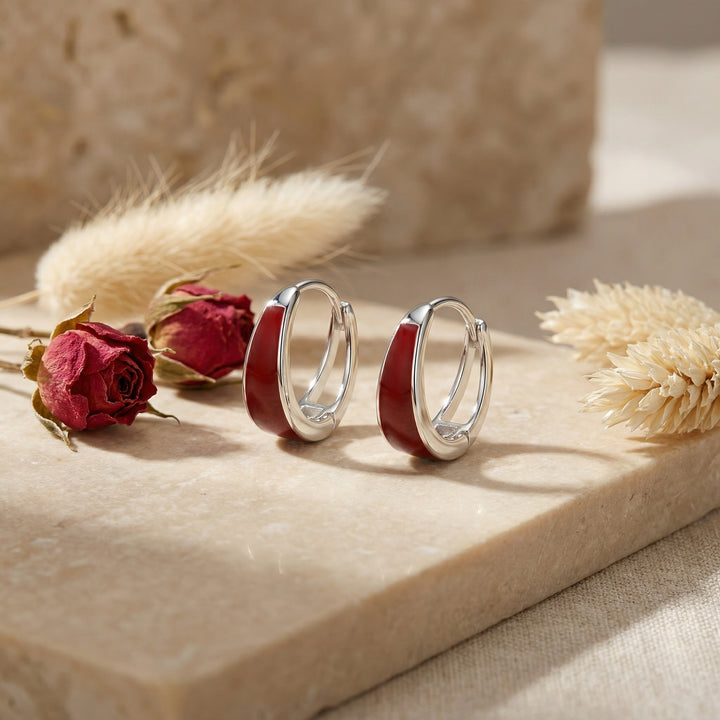 ✨ 925 Sterling Silver Huggie Hoop Earrings with Deep Red Enamel Inlay ✨