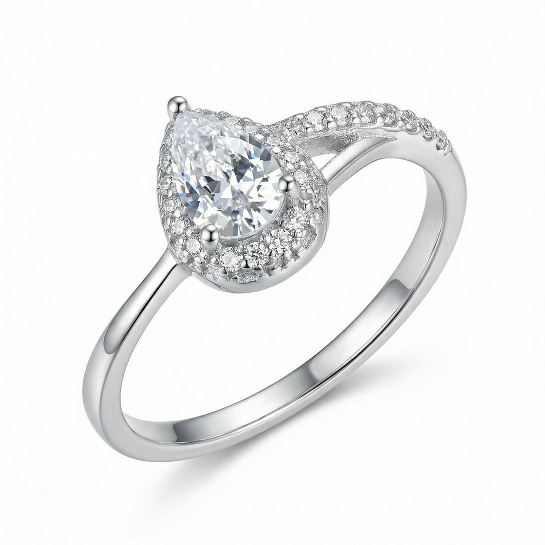 925 Sterling Silver Pear-Shaped Halo Engagement Ring with Bypass Pavé Shank