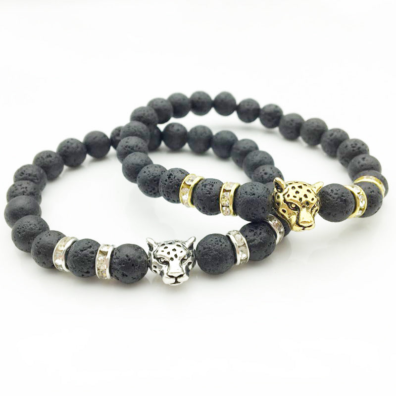 8mm Natural Lava Stone Leopard Head Bracelet for Men