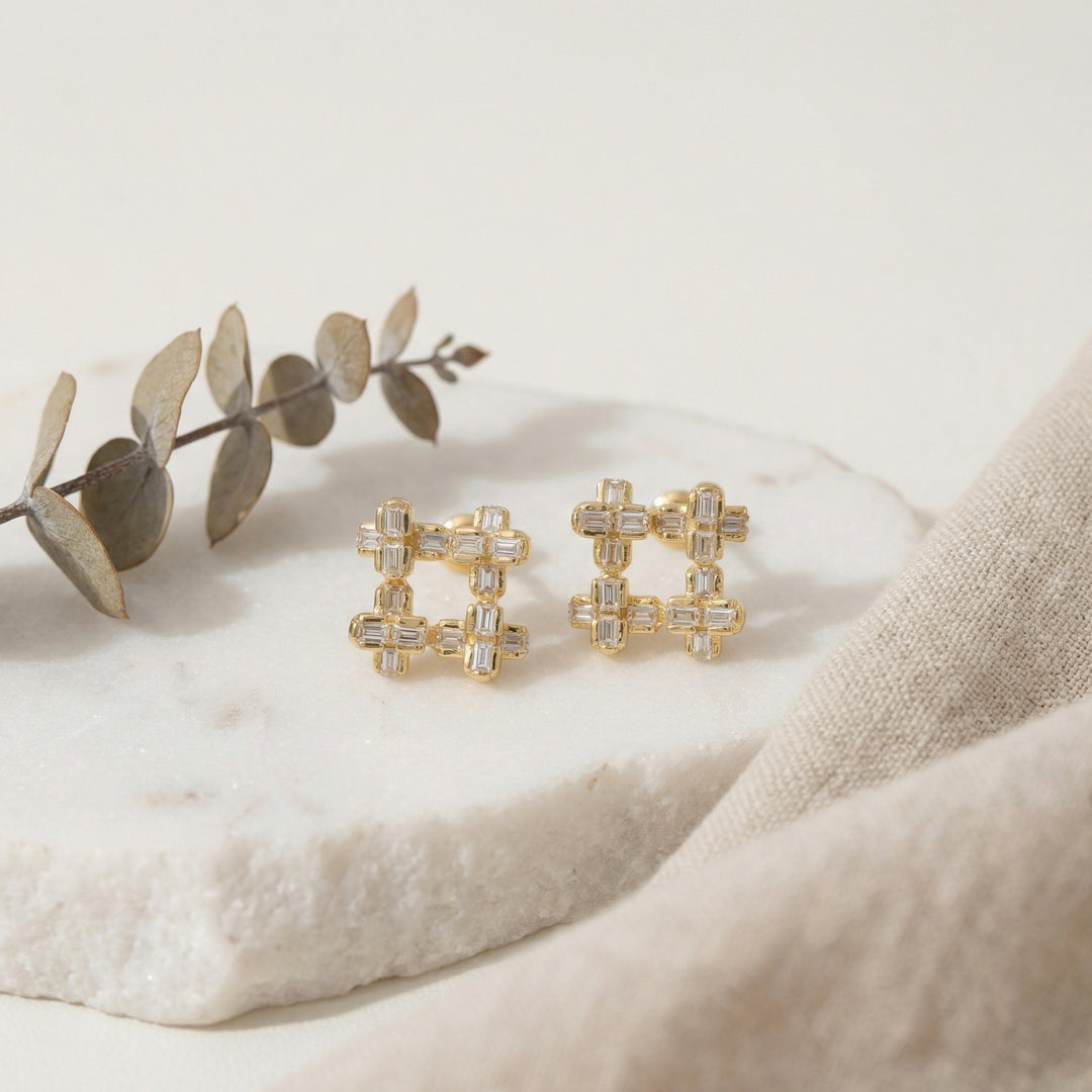 ✨ 925 Sterling Silver Sparkling Geometric Baguette Crystal Hashtag Stud Earrings ✨