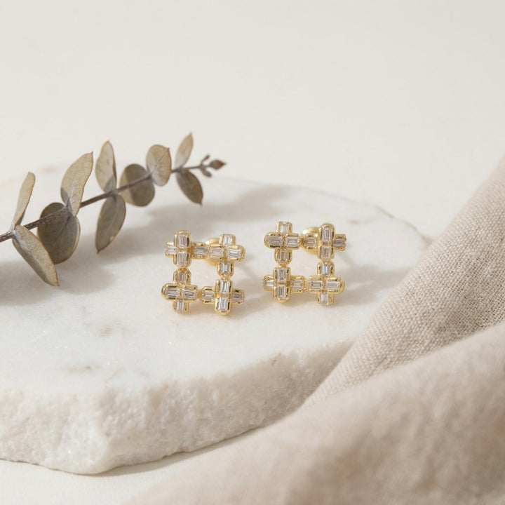 ✨ 925 Sterling Silver Sparkling Geometric Baguette Crystal Hashtag Stud Earrings ✨