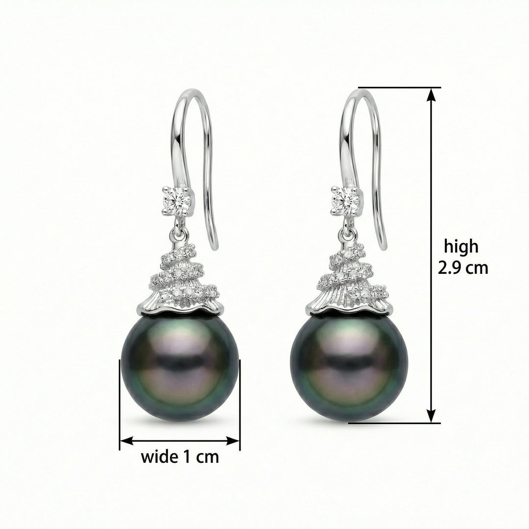 ✨ 925 Sterling Silver Tahitian Black Pearl Drop Earrings with Diamond Spiral Accents