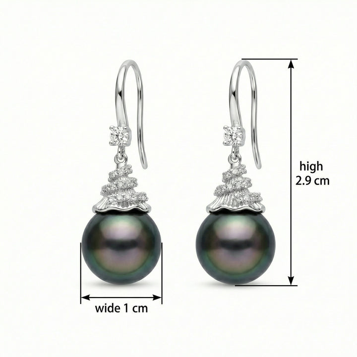 ✨ 925 Sterling Silver Tahitian Black Pearl Drop Earrings with Diamond Spiral Accents