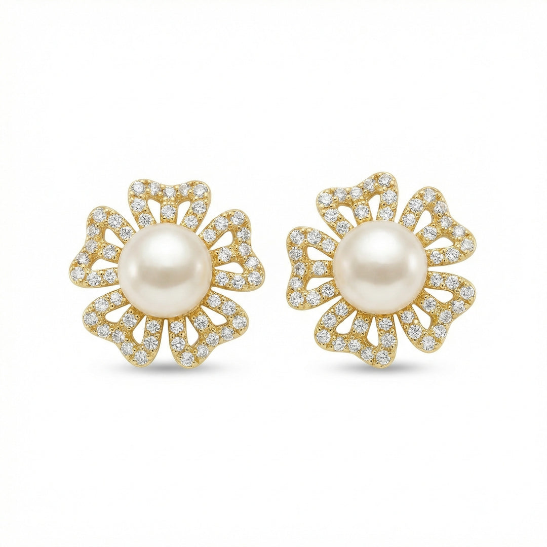 ✨ 925 Sterling Silver Floral Pearl Stud Earrings with Sparkling Stone Accents