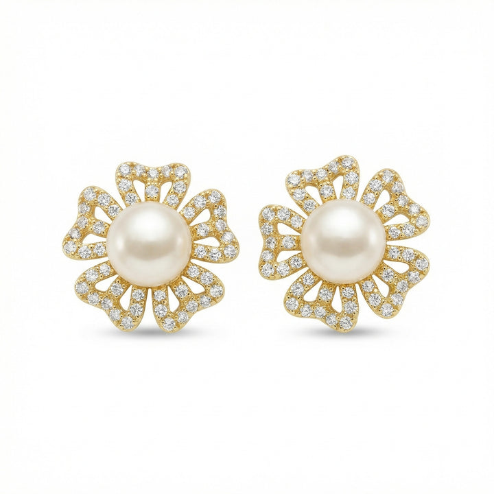 ✨ 925 Sterling Silver Floral Pearl Stud Earrings with Sparkling Stone Accents