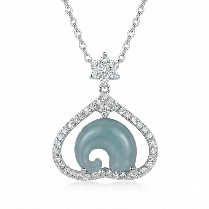 925 Sterling Silver Heart Necklace – Curved Blue Jadeite Pendant with Sparkling Accents
